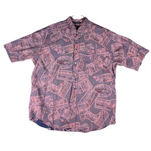 Nautica Mens XL Vintage Pink Purple Rowing Crew Team Print Half Sleeve Button Up